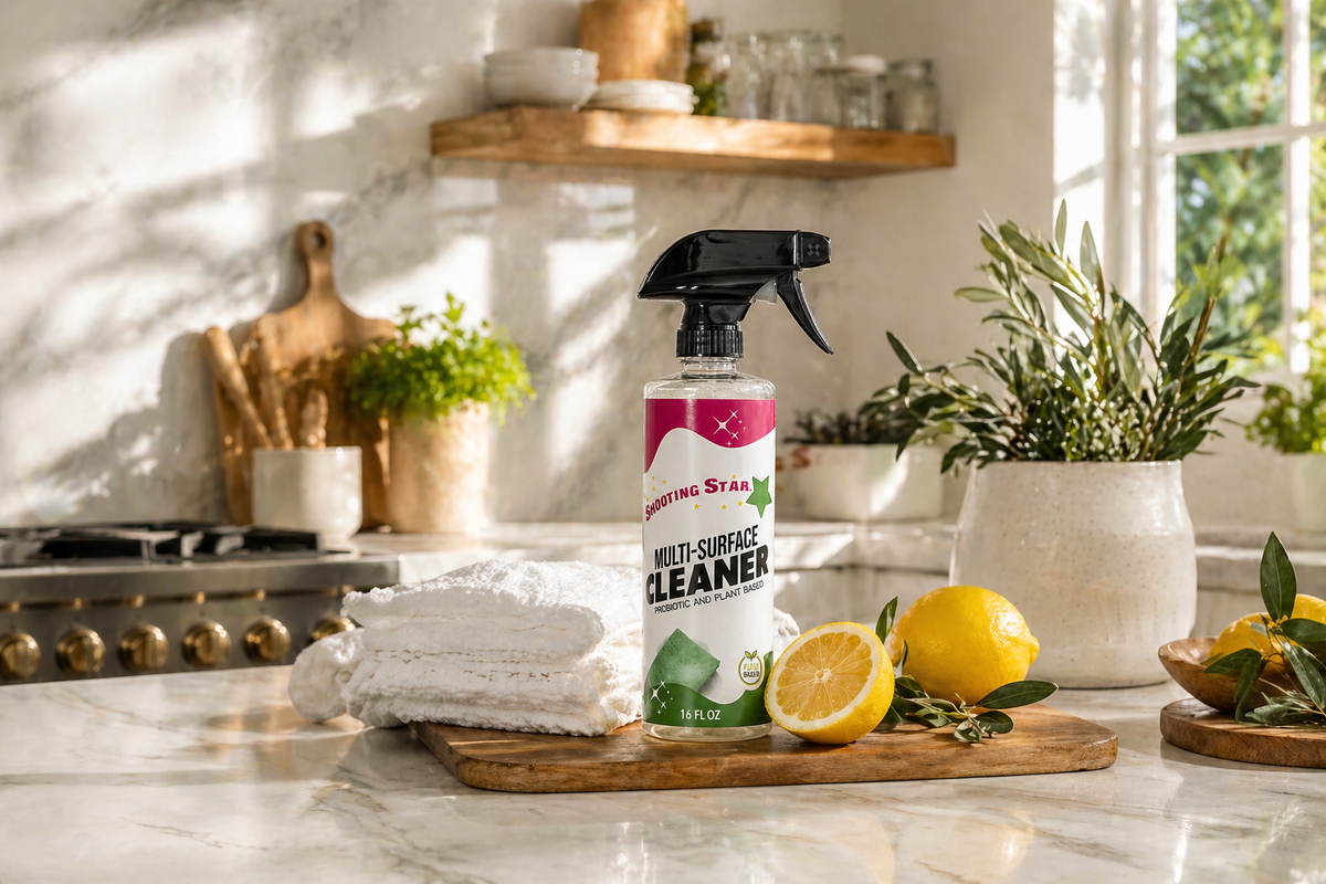 Natural cleaning products vs chemical cleaners comparison on a kitchen counter