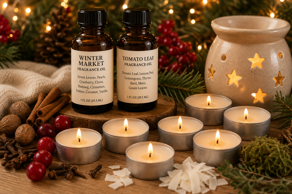 Hand-poured Shooting Star holiday tea light candles with Winter Market and Tomato Leaf fragrance blend