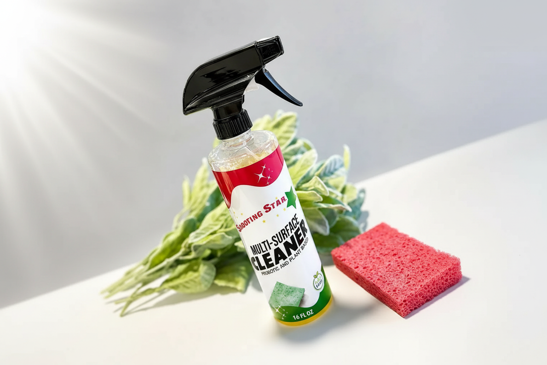 Shooting Star Multi-Surface Cleaner bottle with greenery and red sponge on a clean white surface