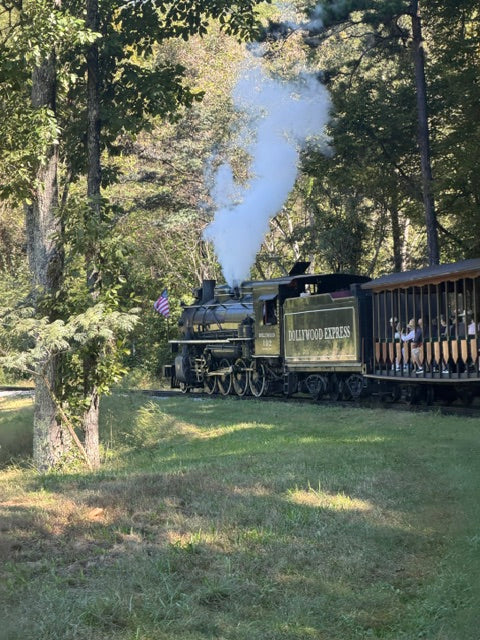 Dollywood Express steam train traveling through a wooded landscape in Tennessee.