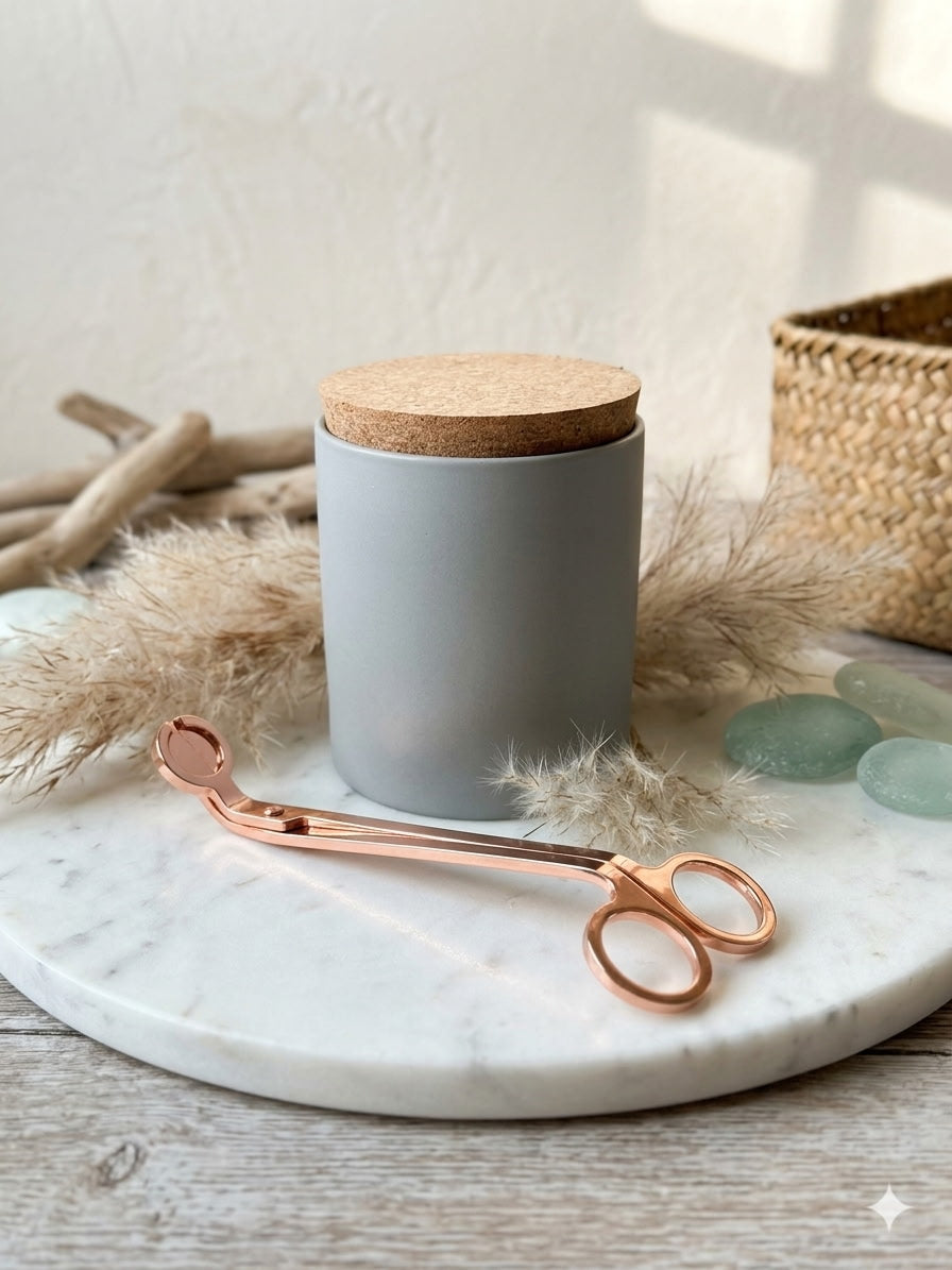 Coastal Cottage hand-poured candle in a matte grey vessel with cork lid