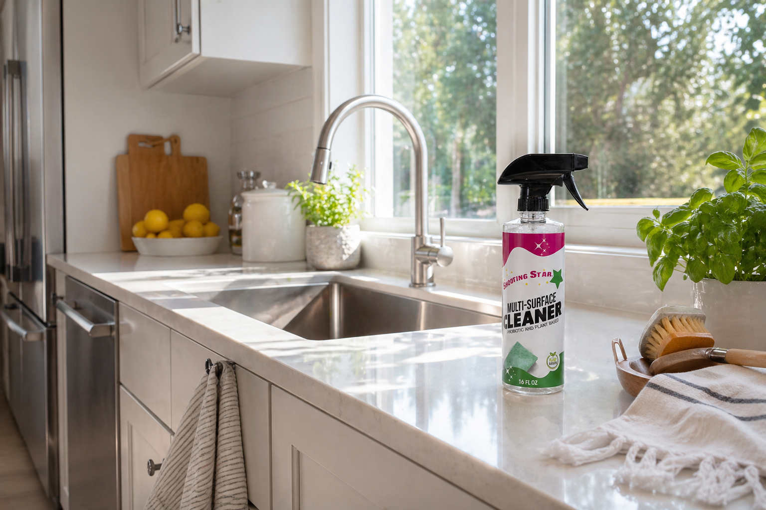 Kitchen counter with Shooting star multi-surface cleaner and window view