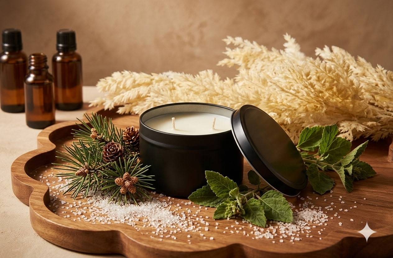 Natural sugar pine and patchouli scented candle in 6 oz tin