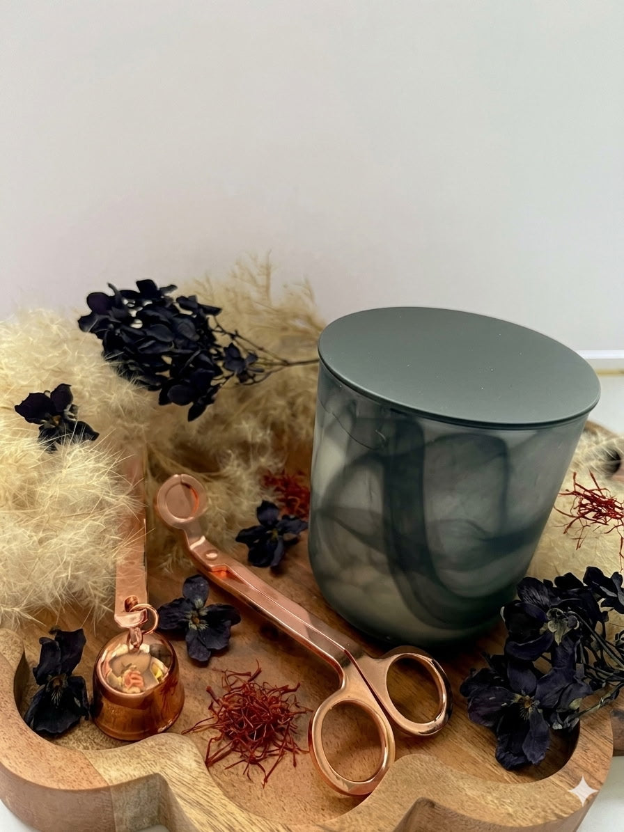 Luxury black violet and saffron hand-poured candle, 8 oz