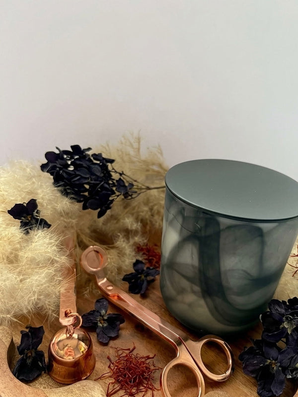 Luxury black violet and saffron hand-poured candle, 8 oz