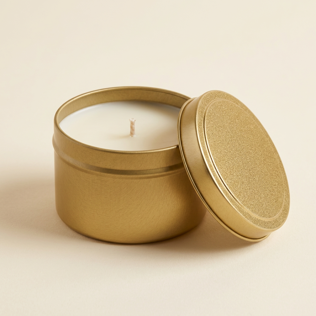 Gold tin candle with soft lighting and a warm ivory background
